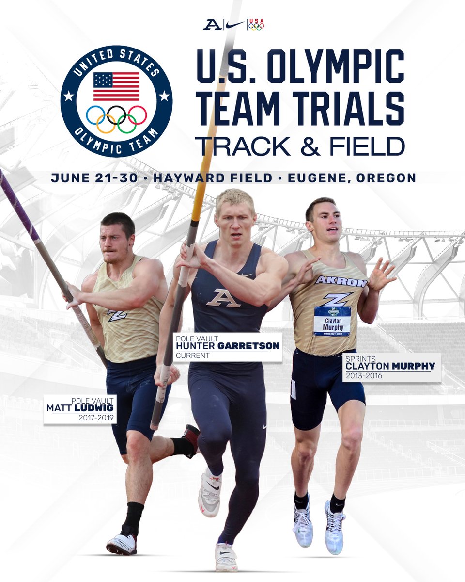 The chance to represent 🇺🇸 at the Summer Olympics is ahead for <a href="/ZipsTFCC/">Akron Zips Track/CC</a> Hunter Garretson, <a href="/Matt_Ludwig_23/">Matt Ludwig</a>  &amp; <a href="/Clayton_Murph/">Clayton Murphy</a> as they compete at the <a href="/usatf/">USATF</a> Olympic Team Trials in Eugene, Ore. (June 21-30) 👏

#GoZips | <a href="/ZipsTFCC/">Akron Zips Track/CC</a> 🦘

Release 👉 tinyurl.com/27yef9nj