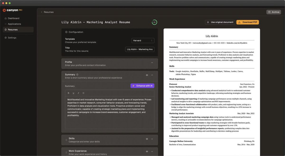 CanyonAI's tweet photo. Build an outstanding resume, with AI assisting you at every step. Stand out from the crowd by customizing your resume for each application. https://t.co/vRHOtim5x5