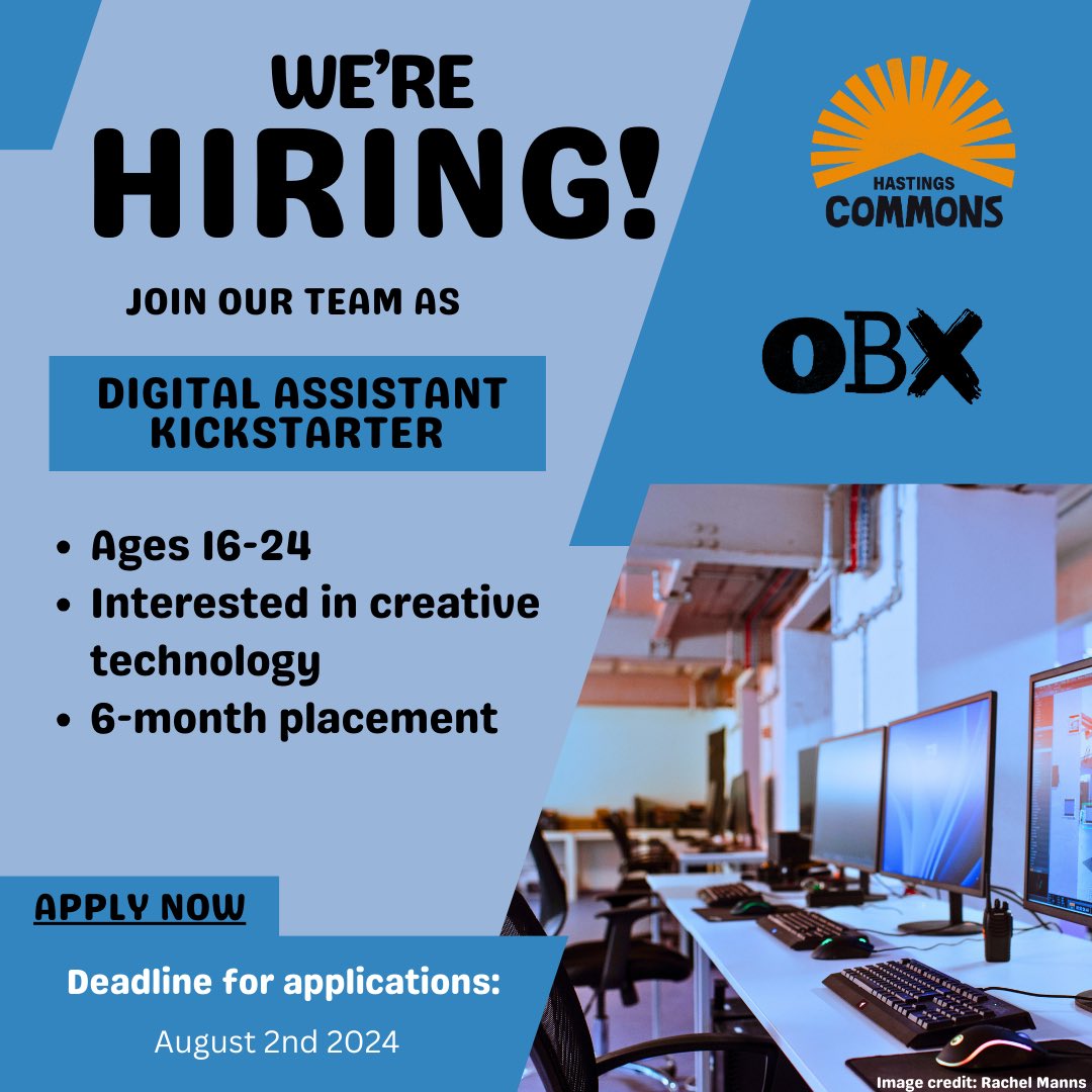 hastingsobx's tweet photo. We are hiring a ‘Digital Assistant Kickstarter’! Are you 16 - 24 years old and looking for work? Find out more via the 🔗 in our bio! Deadline for submissions 2nd August!

📸 by Rachel Manns

Full details here:

https://t.co/RINF33siIn?

#hastingseastsussex #hastings https://t.co/Xus13iCXQv