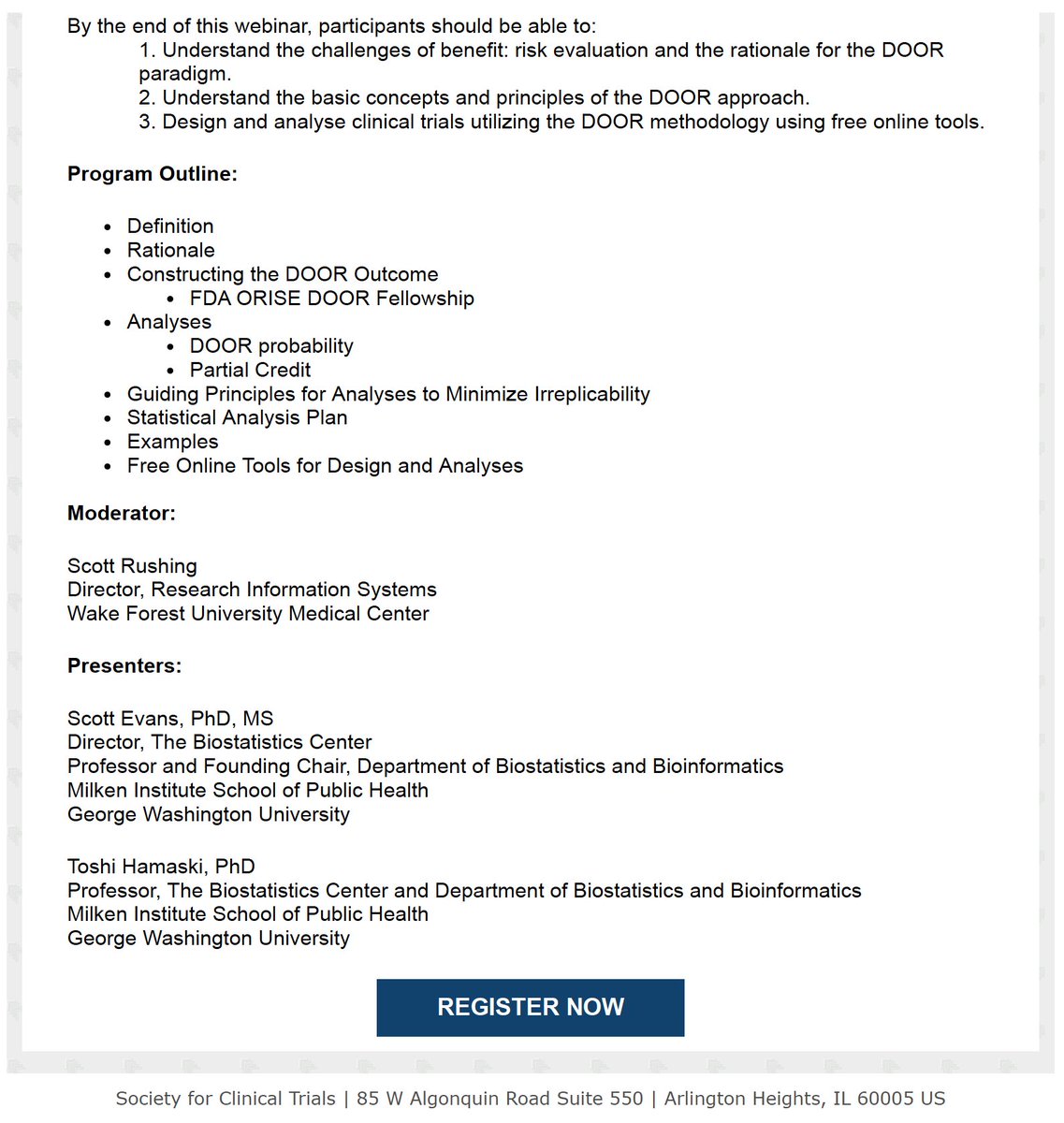 Don't Delay - Register today for SCT's next educational webinar!: "The DOOR is Open: Patient-Centric, Pragmatic Benefit: Risk Evaluation in Clinical Trials" on June 26, 2024, 1:00 - 2:00 pm ET. REGISTER NOW: sctweb.org