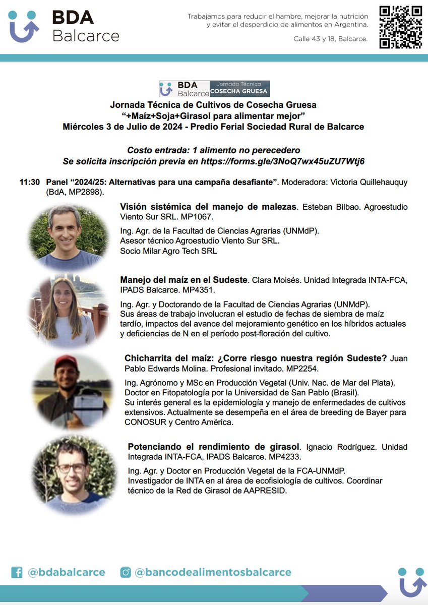 Fernando Garcia (@garciaf_nutri) on Twitter photo Jornada Técnica de Cosecha Gruesa - Banco de Alimentos Balcarce
Nos vemos Miércoles 3 Julio en Sociedad Rural de Balcarce!
🧐🤓🧠 🌻🌱🌽
Inscribite acá 👇
forms.gle/3NoQ7wx45uZU7W…
Compartimos el programa y disertantes del segundo panel <a href="/INTABalcarce/">INTABalcarce</a> <a href="/fcabalcarce/">FCABalcarce - UNMDP</a> <a href="/AIABalcarce/">Asociación de Ing. Agr. Balcarce</a> Jornada Técnica de Cosecha Gruesa - Banco de Alimentos Balcarce
Nos vemos Miércoles 3 Julio en Sociedad Rural de Balcarce!
🧐🤓🧠 🌻🌱🌽
Inscribite acá 👇
forms.gle/3NoQ7wx45uZU7W…
Compartimos el programa y disertantes del segundo panel <a href="/INTABalcarce/">INTABalcarce</a> <a href="/fcabalcarce/">FCABalcarce - UNMDP</a> <a href="/AIABalcarce/">Asociación de Ing. Agr. Balcarce</a>