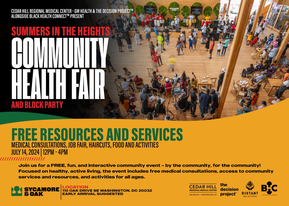 You're invited to a community health fair and block party on Sunday, July 14, 2024, Noon—4 pm, Sycamore &amp; Oak, 1110 Oak Dr SE, Washington, DC 20032. The event will focus on health care access, nutrition, fitness, mental wellness and other local health concerns in Ward 8.