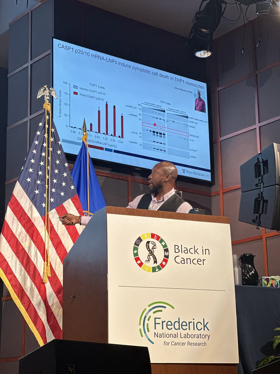 <a href="/taabaman/">Cornelius Taabazuing</a> giving a great talk on some of his work and post doc <a href="/TheBourneImmuno/">Dr. Christopher Bourne (he/him)</a>, on pyroptotic induced cell death and it’s implication in cancer therapy <a href="/BlackinCancer/">BlackinCancer</a> #BICConf24