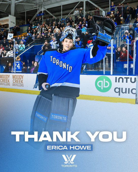 A graphic thanking Erica Howe.

There is a faded photo of her in the background, with text that reads: “Thank you. Erica Howe.” with the PWHL Toronto logo.