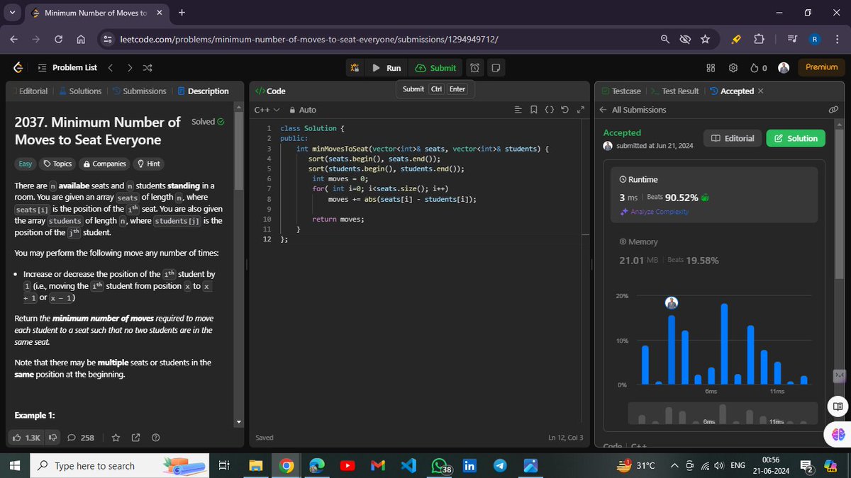 ravi1061962's tweet image. Day 15 of #100DaysOfCode:    DSA Ques Link leetcode.com/problems/minim…………Today,i solve problem:Minimum Number of Moves to Seat Everyone
@100xDevs

#learnwithbybit   Progress feels amazing! 📷 Onward and upward! #Code #ProblemSolving #KeepCoding #devlife