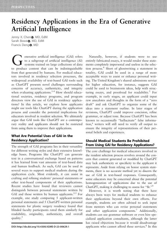 Francis Deng, MD (@francisdeng) on Twitter photo Should medical students be prohibited from using generative AI for residency applications?
We don't think so. Perspective with <a href="/jennyxchen/">Jenny X Chen, MD EdM</a> <a href="/DrSarahNBowe/">Sarah N Bowe MD EdM</a> in <a href="/JournalofGME/">JGME</a> #MedEd:
doi.org/10.4300/JGME-D… Should medical students be prohibited from using generative AI for residency applications?
We don't think so. Perspective with <a href="/jennyxchen/">Jenny X Chen, MD EdM</a> <a href="/DrSarahNBowe/">Sarah N Bowe MD EdM</a> in <a href="/JournalofGME/">JGME</a> #MedEd:
doi.org/10.4300/JGME-D…