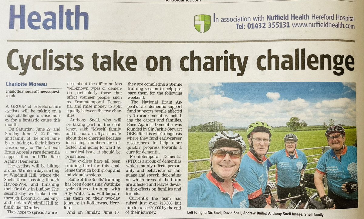 Anthony Snell (@antsnell) on Twitter photo Thanks <a href="/herefordtimes/">Hereford Times</a> for this article!
On Saturday & Sunday (22nd/23rd June) 22 of us are cycling 150 miles in this region for charity.( including <a href="/adywatts/">Ady Watts</a> !)
If you could kindly sponsor me (or others!) go to Justgiving <a href="/JustGiving/">JustGiving</a> Cycle Herefordshire for Dementia Thanks <a href="/herefordtimes/">Hereford Times</a> for this article!
On Saturday & Sunday (22nd/23rd June) 22 of us are cycling 150 miles in this region for charity.( including <a href="/adywatts/">Ady Watts</a> !)
If you could kindly sponsor me (or others!) go to Justgiving <a href="/JustGiving/">JustGiving</a> Cycle Herefordshire for Dementia