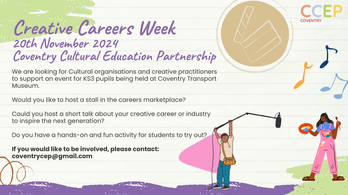 Calling all cultural organisations and creative practitioners! Come and be part of Creative Careers Week and support young people in Coventry taking the next step towards a career in the arts and cultural sector