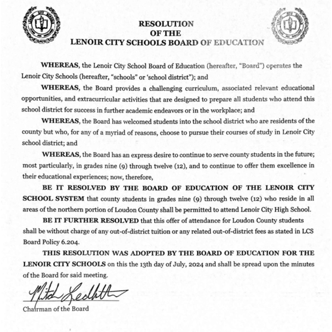 Lenoir City Schools is proud of our tradition of serving high school students in our community. We are pleased to share this Resolution, which reaffirms our existing Board Policy 6.204, welcoming all 9-12 students in the north end of Loudon County to Lenoir City High School.