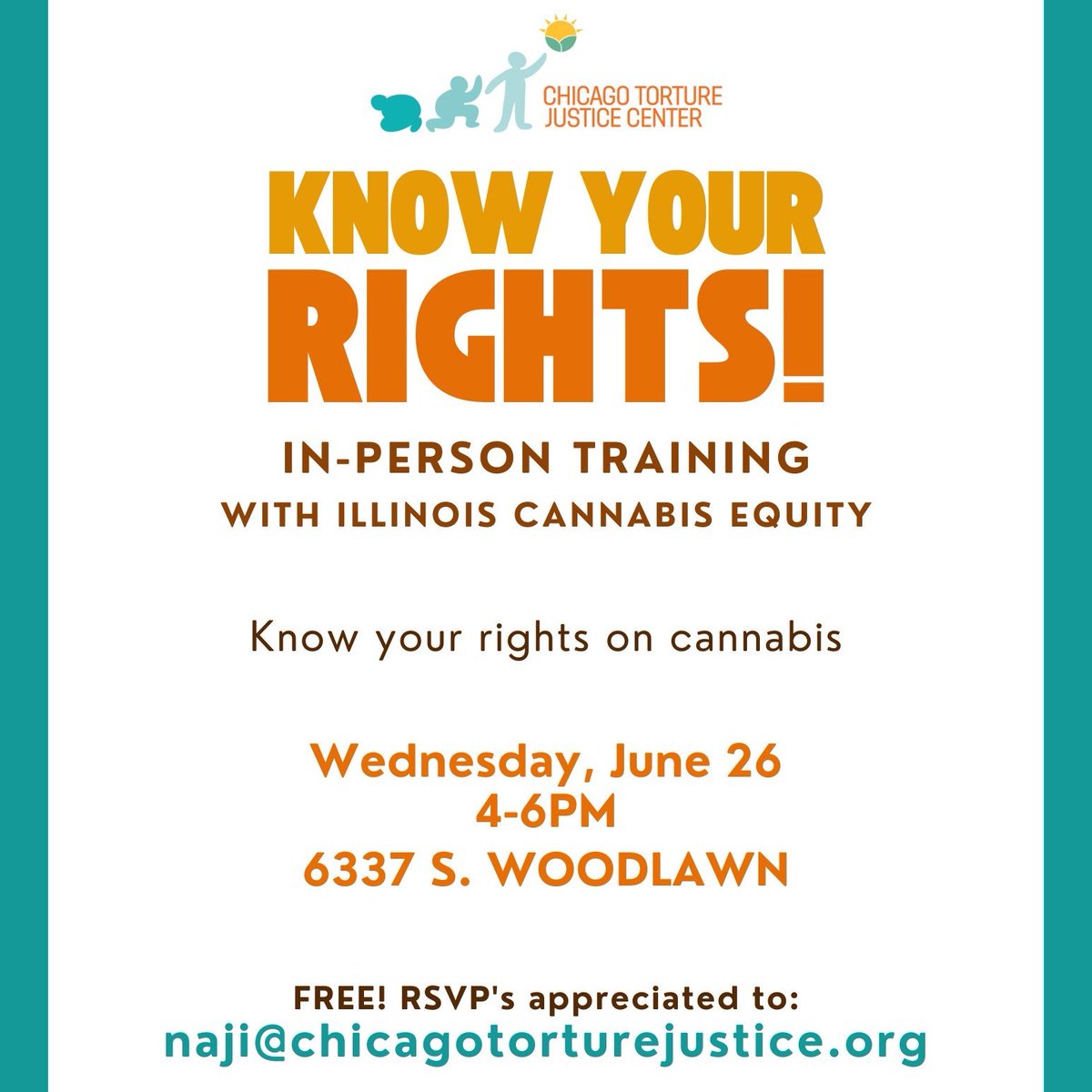 Join us for a free training with Cannabis Equity Illinois next week! Learn more about your rights since the legalization of cannabis in Illinois. Wednesday, 6/26, 4-6PM at the Center!