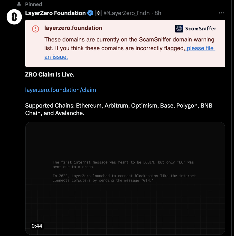 990_arb's tweet photo. 🤔Does anyone know why @LayerZero_Fndn claim site now has scam alert by @realScamSniffer  and @MetaMask when you try to open it ?

FYI @PrimordialAA