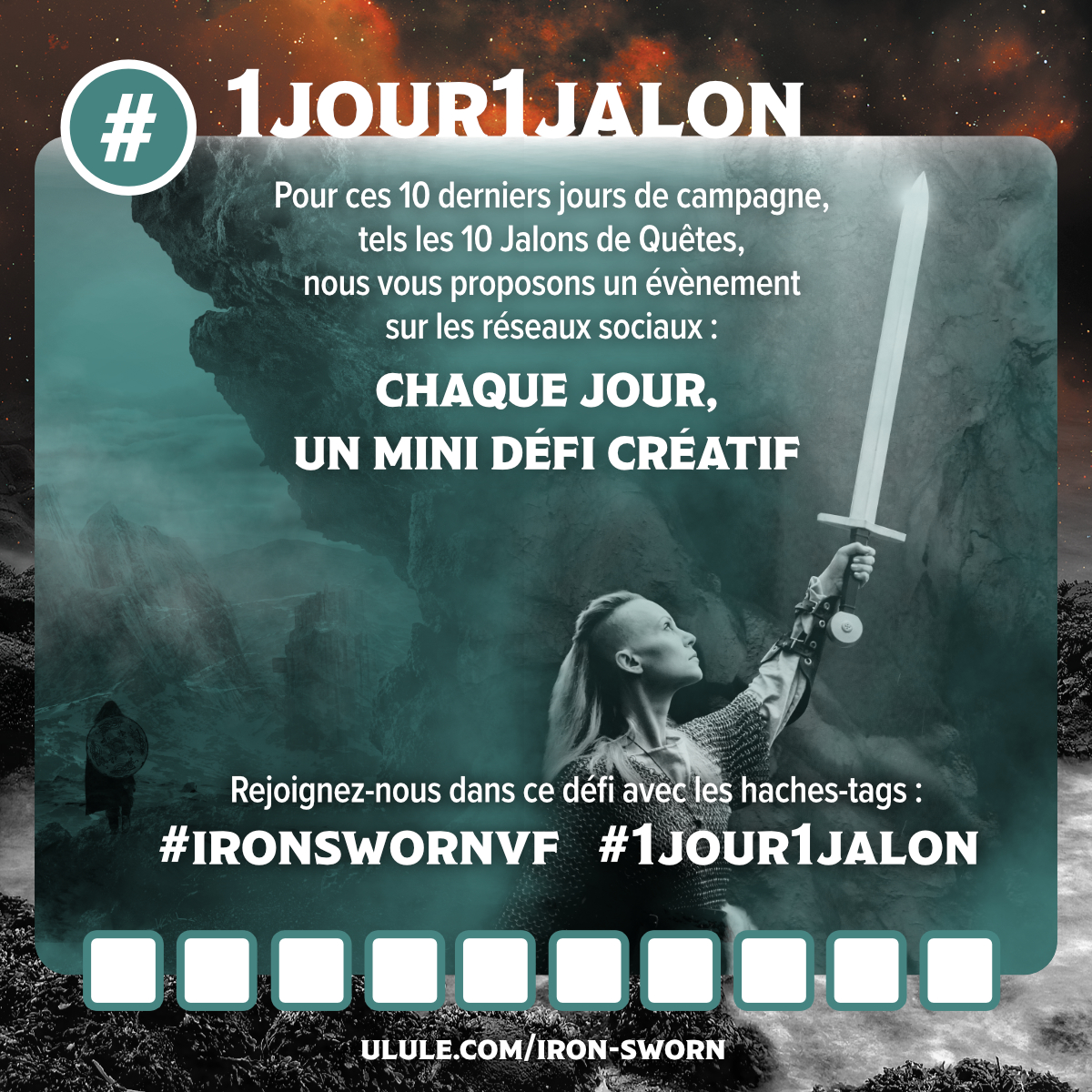 #1jour1jalon #ironswornvf
Ferjuré(e)s, préparez-vous ! Une quête épique à partager nous attend pour les 10 jours restant de notre campagne Ulule, avec chaque jour un nouveau défi créatif et inspirant. Toutes les infos ici :
fr.ulule.com/iron-sworn/new…