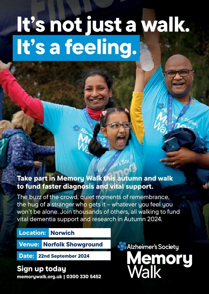 The Norfolk Memory Walk is taking place at The Showground on September 22nd. Why not either sign up to walk or become a volunteer at the event.