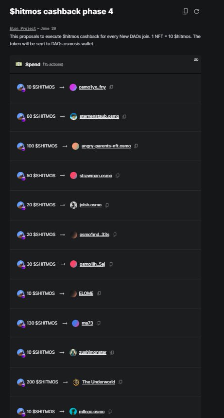 Today, 950 $hitmos already distributed to 15 new DAOs.
Total distribution = 2.85K $hitmos 😱
Wen next drop? 👉June 25th.

FYI, we also have 💩 monthly drop for all stakers cosmos army on DAO🥳 at June 30th. 
Stay tune👀
GoGo #SEZ
stargaze.zone/l/cosmosarmy
daodao.zone/dao/stars1qdrz…