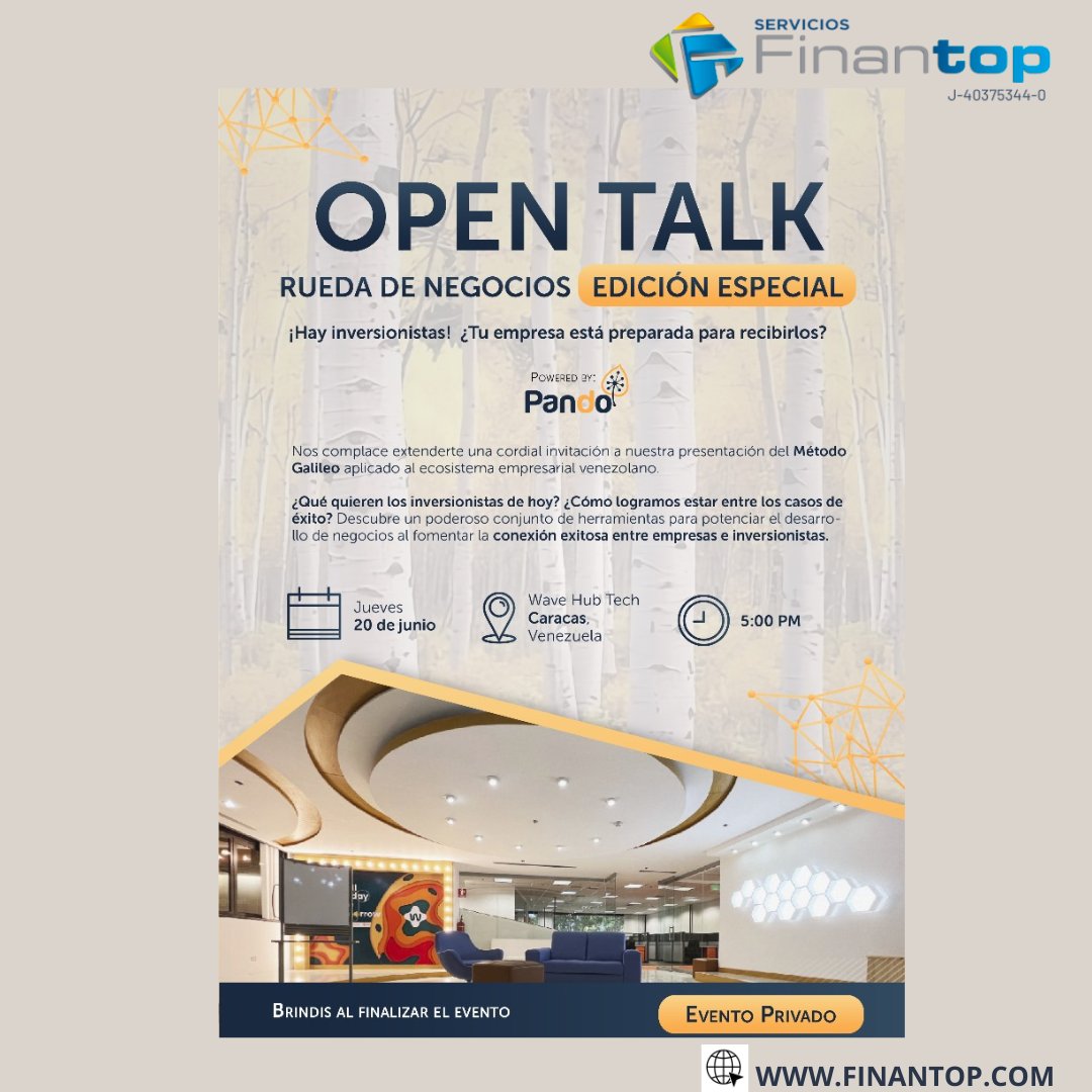 Finantop's tweet photo. Finantop dice presente en el Open Talk Rueda de Negocios Edición Especial como Angel Investor.
#Negocios#Inversión#caracas
#venezuela https://t.co/KnHd1NCqnZ
