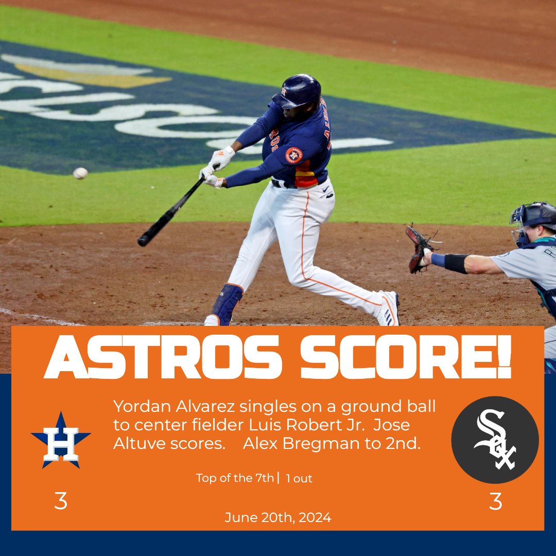 LFGAstros's tweet photo. ASTROS SCORE!
Yordan Alvarez singles on a ground ball to center fielder Luis Robert Jr. Jose Altuve scores. Alex Bregman to 2nd.
Astros: 3
White Sox: 3
Top of the 7th | 1 out
#HOUvsCWS https://t.co/BpUVaY3B4r