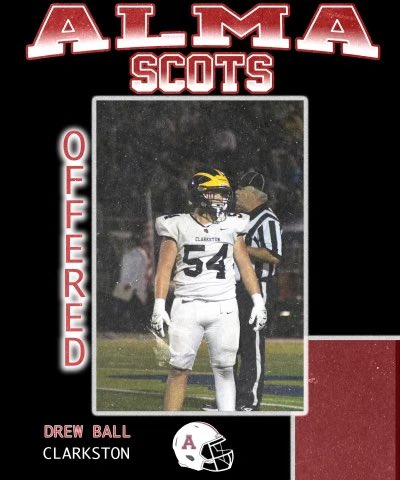 Drew Ball (@dball2025) on Twitter photo After a great camp at <a href="/AlmaScotsFB/">Alma College Football</a> and a call with <a href="/Coach_OGara/">Cooper O’Gara</a>, I am blessed to announce I have received an offer from Alma!
#AGTG
<a href="/ClarkstonWolves/">Clarkston Wolves Football</a> After a great camp at <a href="/AlmaScotsFB/">Alma College Football</a> and a call with <a href="/Coach_OGara/">Cooper O’Gara</a>, I am blessed to announce I have received an offer from Alma!
#AGTG
<a href="/ClarkstonWolves/">Clarkston Wolves Football</a>