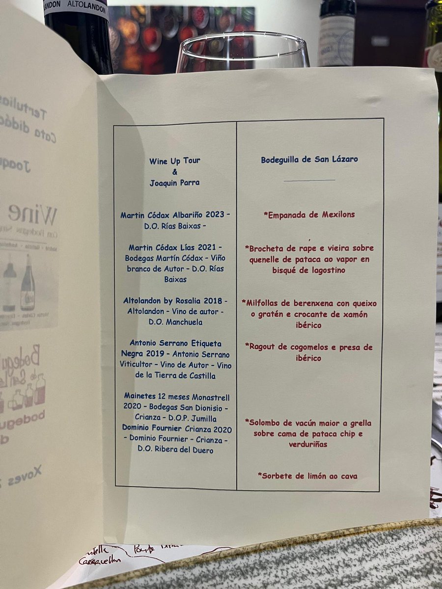 Da cociña saen: *Empanada de Mexillóns , *Brocheta de rape e vieira sobre quenelle de pataca en bisqué de lagostino *Milfollas de berenxena con queixo o gratén e crocante de xamón ibérico *Ragout de cogomelos e presa de ibérico *Solombo de vacún maior a grella <a href="/wineup_es/">WineUp! guia de vino/MKT y comunicación</a>