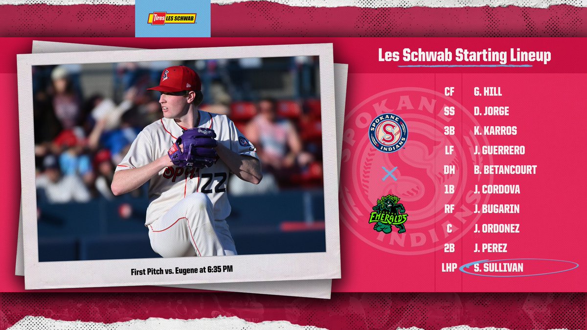 Sean Sullivan toes the rubber in the final game of the season's first half. Here is tonight's starting lineup for our matchup with Eugene powered by <a href="/LesSchwab/">Les Schwab Tires</a>. #GoSpo