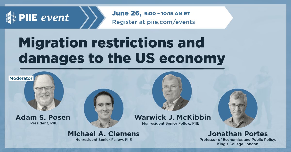 Peterson Institute (@piie) on Twitter photo On June 26, <a href="/m_clem/">Michael Clemens</a>, @WarwickMcKibbin, and King's College London's <a href="/jdportes/">Jonathan Portes</a> discuss migration restrictions and the damage they can cause to the US economy.
Info & registration at piie.com/events/2024/mi… On June 26, <a href="/m_clem/">Michael Clemens</a>, @WarwickMcKibbin, and King's College London's <a href="/jdportes/">Jonathan Portes</a> discuss migration restrictions and the damage they can cause to the US economy.
Info & registration at piie.com/events/2024/mi…