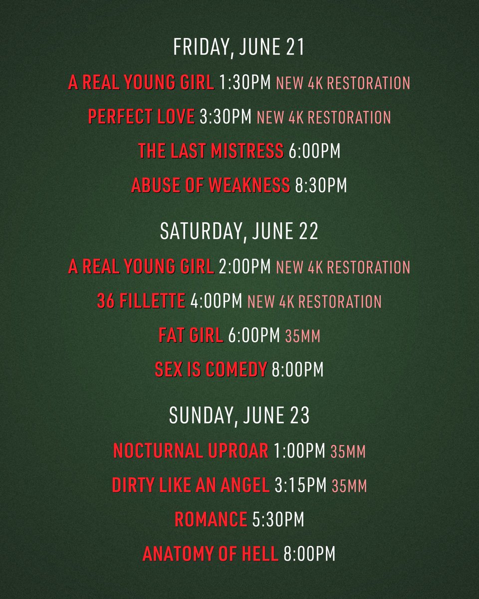 FilmLinc's tweet image. Carnal Knowledge: The Films of Catherine Breillat begins this Friday! 

Our retrospective celebrating the legendary 🇫🇷 filmmaker precedes the opening of the #NYFF61 Main Slate selection LAST SUMMER on June 28.

View screening schedule below and get 🎟️ at filmlinc.org/carnal