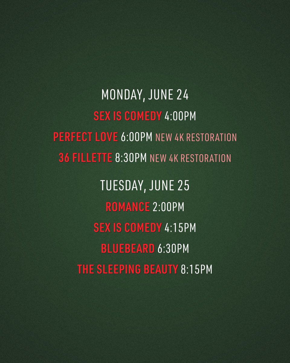 FilmLinc's tweet image. Carnal Knowledge: The Films of Catherine Breillat begins this Friday! 

Our retrospective celebrating the legendary 🇫🇷 filmmaker precedes the opening of the #NYFF61 Main Slate selection LAST SUMMER on June 28.

View screening schedule below and get 🎟️ at filmlinc.org/carnal