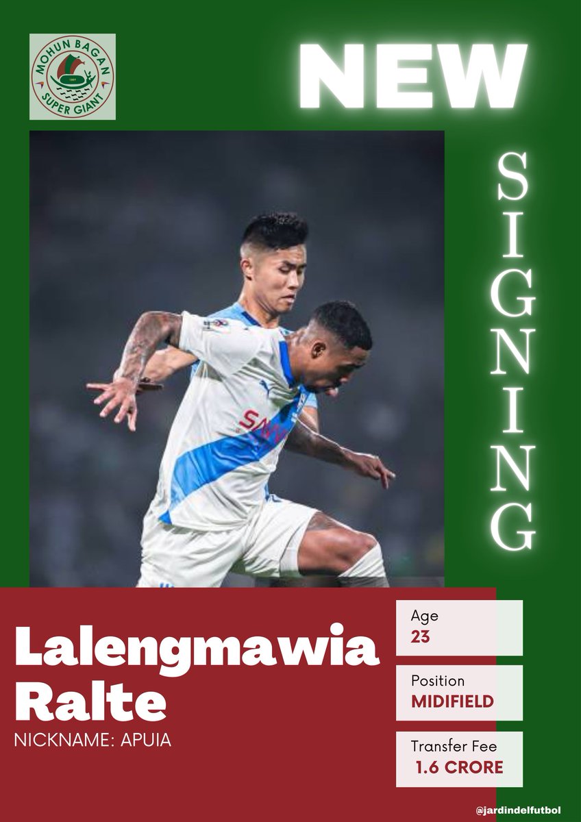 jardindelfutbol's tweet image. ✍️@MarcusMergulhao
Mumbai City FC 🔵⚪️has reluctantly parted ways with Lalengmawia Ralte, who triggered his release clause to facilitate a move to Mohun Bagan. 🟢🔴
Apuia will be the 1⃣ player to be registered outside the salary🧢.

#MBSG #Indiantransfer #Apuia #jardindelfutbol