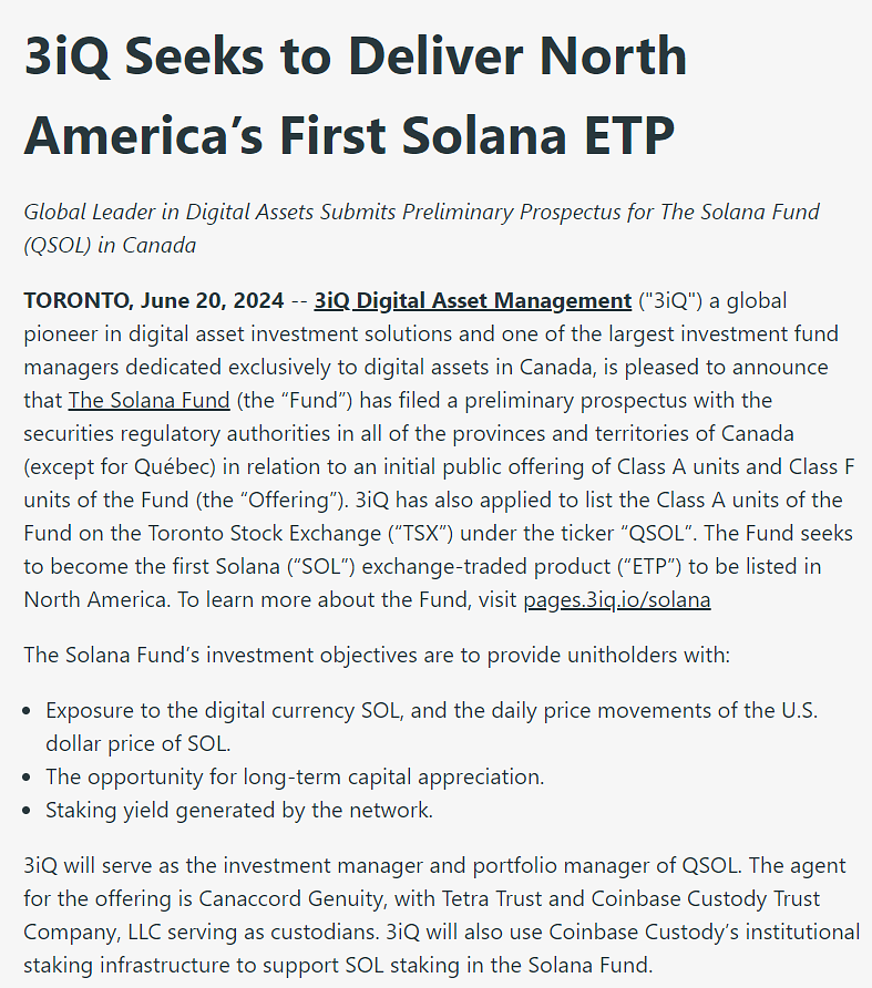 UPDATE: 3iQ just filed to launch the first Solana ETF in Canada (and thus North America). Looking to launch under the ticker $QSOL. Canada had spot Bitcoin and spot Ethereum ETFs before the US even got futures ETFs for either asset. h/t <a href="/alextapscott/">Alex Tapscott</a>