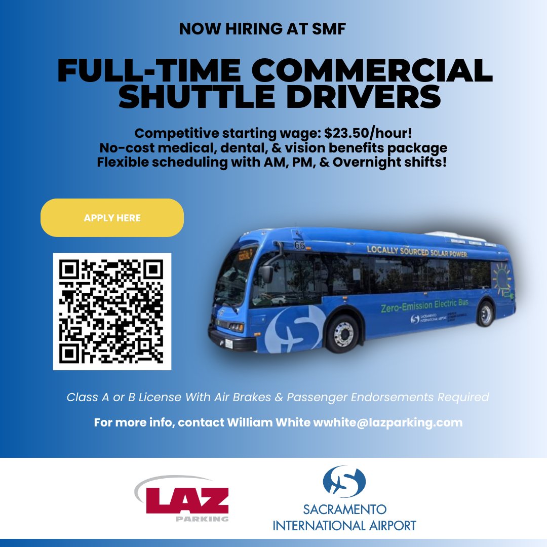 Do you love getting behind the wheel?  SMF needs      drivers to join our awesome crew!  Cruise the airport &amp; help people reach their destinations.  Scan the QR code to apply!  ($23.50/hr, benefits, flexible shifts!) #SMFJobs #DriveHappy <a href="/LAZParking/">LAZ Parking</a>