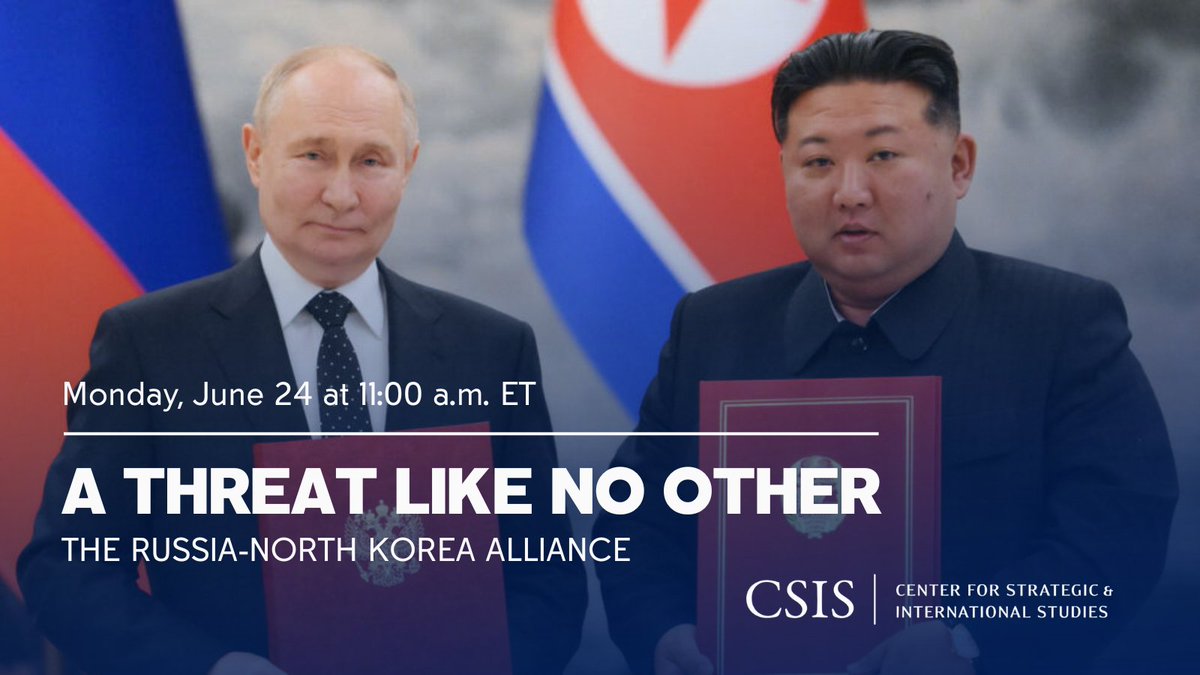 🗓️Monday, June 24
🕚11:00 AM (ET)

<a href="/CSIS/">CSIS</a> <a href="/VictorDCha/">Victor Cha</a> moderates a discussion with <a href="/MSnegovaya/">Maria Snegovaya</a>, <a href="/snydersas/">Scott Snyder</a> &amp; <a href="/sydseiler/">Syd Seiler</a> on the recent Putin's visit to North Korea and the Russia-North Korea alliance.

Register here: csis.org/events/impossi…