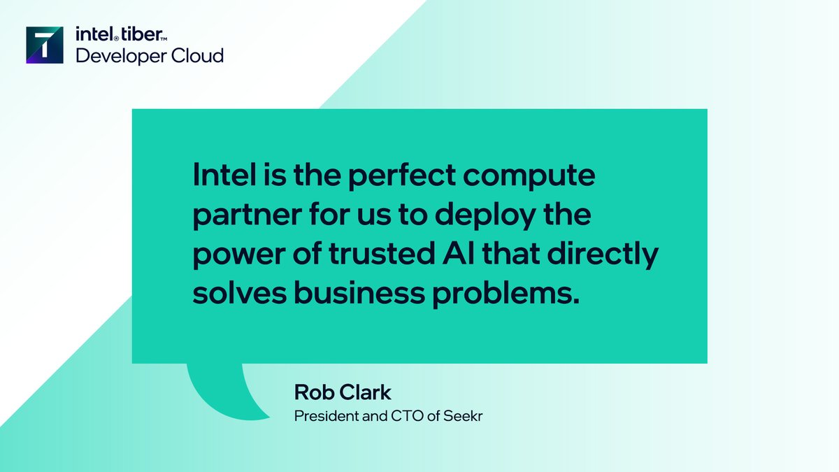 IntelSoftware's tweet image. Our strategic collaboration with @seekrscore provides the best price-performance with the Intel® Tiber™ Developer Cloud, allowing access to develop, validate, and run AI workloads accurately and efficiently. Learn more: intel.ly/4exUijl

#IntelTiber #IntelDeveloperCloud