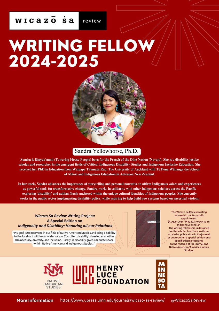 WicazoSaReview's tweet image. We are thrilled to announce that Sandra Yellowhorse, Ph.D., has been selected as the Wicazo Sa Review Writing Fellow for 2024-2025! ✏️
✨Project Focus: A Special Edition on “Indigeneity and Disability: Honoring all our Relations”✨
