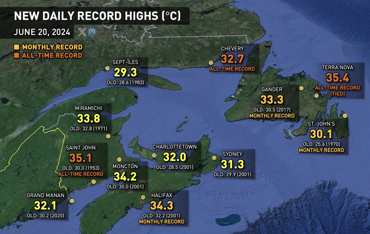 ThierryGooseBC's tweet image. 1/2 Historic day in Eastern #Canada!

Monthly records broken.👇

NL
🌡️35.4°C Terra Nova, all-time record tied &amp;amp; new June record for Newfoundland
🌡️33.7°C Gander
🌡️30.1°C St. John's

NS
🌡️35.6°C Malay Falls
🌡️35.3°C Halifax Windsor Park
🌡️34.3°C Halifax YHZ
🌡️33.9°C Shearwater
...