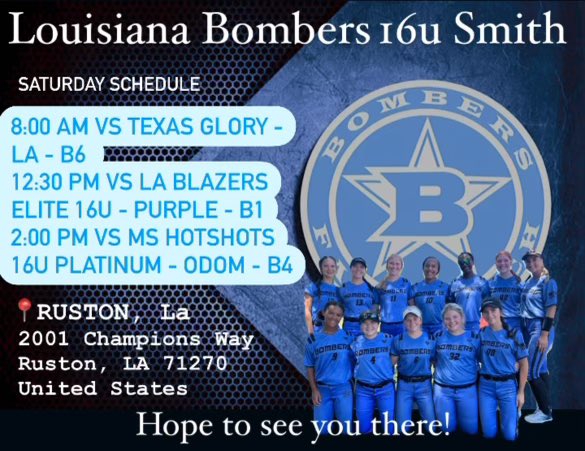 🚨Your Louisiana Bombers 16U Smith will be in Ruston, LA this weekend attending the Bullet Showcase tournament.🚨

📅 Saturday schedule is posted below and we will update with bracket play as information is received. Come out and support as they leave it all on the field🥎