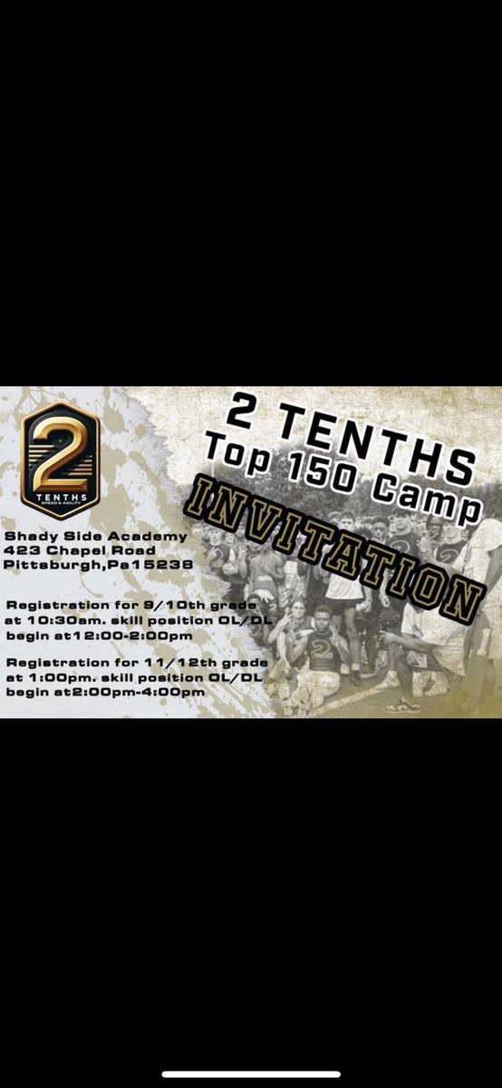 Thank you for the invite <a href="/210ths/">2Tenths Speed & Agility</a> and <a href="/7Twice/">Cøåċħ B¥røn’s $0.02</a> at the 150 camp invitation, I will be attending and can’t wait to show yall what I can do.
<a href="/Coach_Linn/">Ryan Linn</a> <a href="/AdamCross33/">Coach Cross</a> <a href="/PA_TodaySports/">PA Today</a> <a href="/Cover3_ATH/">Cover Three Athletics</a> <a href="/Moon_Football/">Moon Tigers Football</a> <a href="/wpialsportsnews/">WPIAL Sportsmen</a> <a href="/PAELITE7v7/">PA Elite 7v7</a> <a href="/WPIAL_Insider/">WPIAL Insider</a> <a href="/210ths/">2Tenths Speed & Agility</a> <a href="/7Twice/">Cøåċħ B¥røn’s $0.02</a>