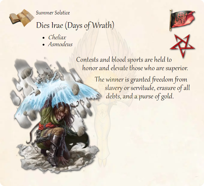 GolarionToday's tweet photo. Summer Solstice: Dies Irae (Days of Wrath)
#Cheliax #Asmodeus #DaysOfWrath
https://t.co/20ns2TFeUZ
Contests and blood sports are held to honor and elevate those who are superior.
The winner is granted freedom from slavery or servitude, erasure of all debts… https://t.co/zVjt6JVJwP