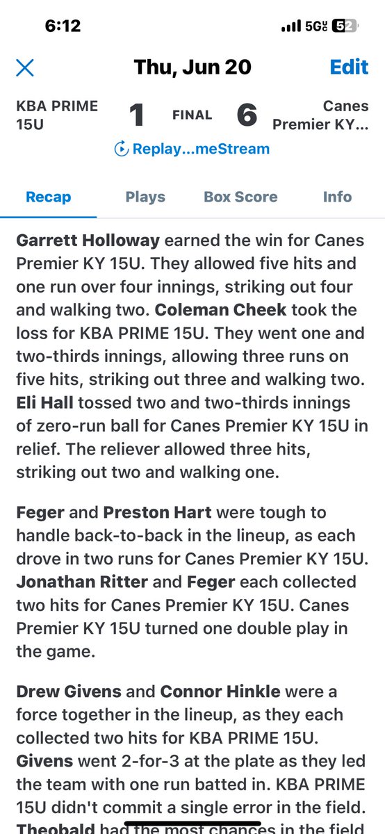 KY Canes Premier 2027 (@canesky2027) on Twitter photo Holloway moves to 3-1 on year getting the W today. Ritter and Feger had 2 more hits a piece. Hart had a couple RBIs and Eli Hall put in good work, 2+ IP, 0 runs.
<a href="/TheCanesBB/">Canes Baseball</a> <a href="/CanesKentucky/">Canes Kentucky</a> Holloway moves to 3-1 on year getting the W today. Ritter and Feger had 2 more hits a piece. Hart had a couple RBIs and Eli Hall put in good work, 2+ IP, 0 runs.
<a href="/TheCanesBB/">Canes Baseball</a> <a href="/CanesKentucky/">Canes Kentucky</a>
