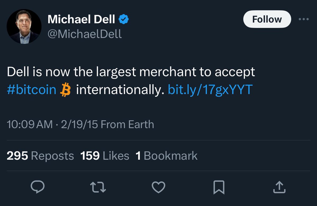 MichaelDell This is a #Bitcoin tweet. Welcome back, Dell.