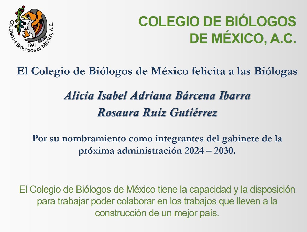 El #ColegiodeBiólogosdeMéxico felicita a las Biólogas <a href="/aliciabarcena/">Alicia Bárcena</a> y <a href="/Rosaura_Ruiz_/">Rosaura Ruiz Oficial</a> por su nombramiento como integrantes del gabinete de la próxima administración 2024 – 2030.
El gremio de Biólogos las apoya en los trabajos que lleven a la construcción de un mejor país.