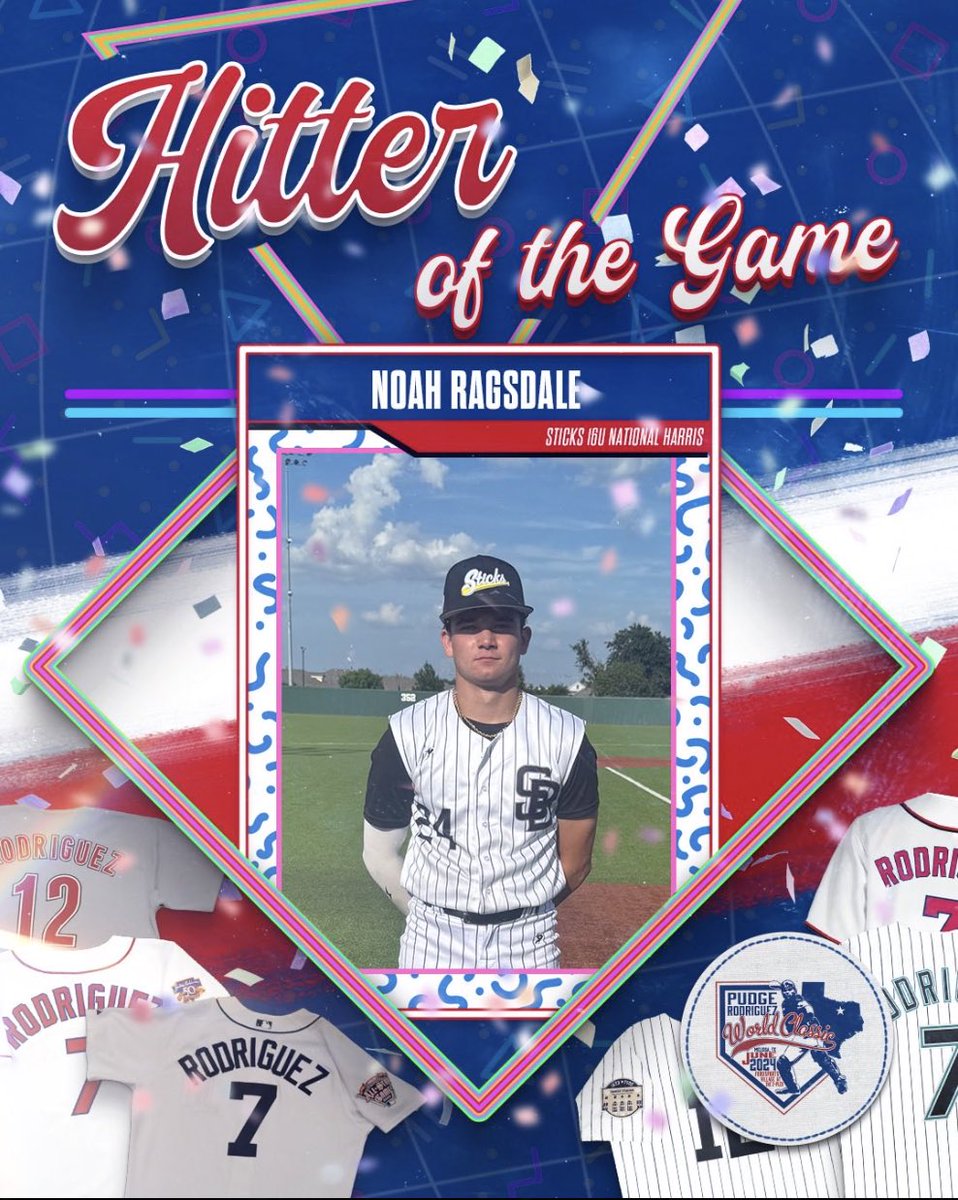 #PudgeWC F: <a href="/AR_Sticks/">Sticks Baseball</a> 16U National Harris 4, Texas Senators Scout 2
PoG: <a href="/madden_tatum25/">Madden Tatum</a> 2 IP, 4K, 0H
Hitter: <a href="/ragsdalenoah24/">Noah Ragsdale</a> 2-3, 2 RBI
Notable: <a href="/Ripken_Birdwell/">Ripken Birdwell</a> 2-3, RBI, 2R