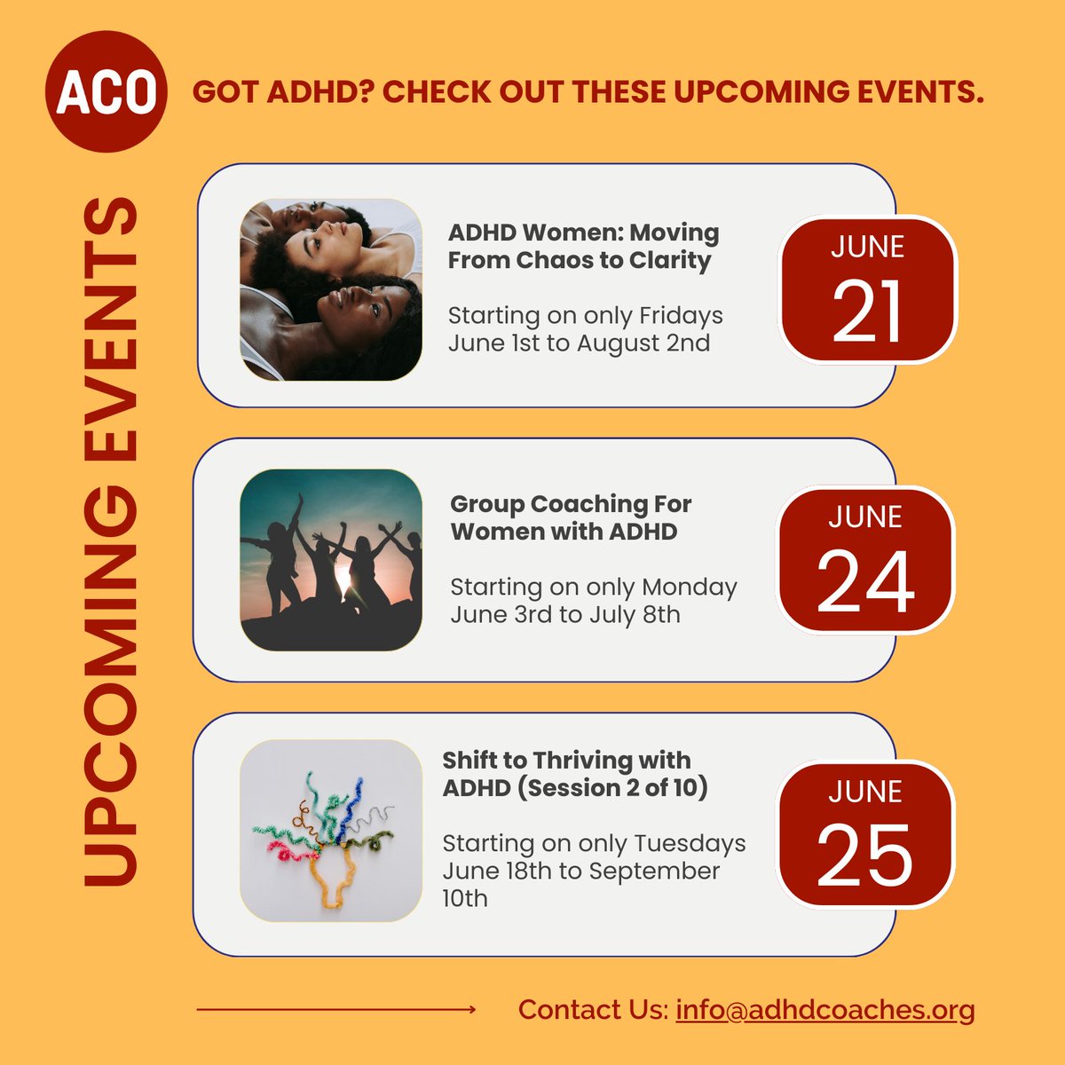 We're excited to invite you to delve into the wealth of opportunities within our community! Please take a moment to explore our events page, where you'll find a range of educational gatherings. You're welcome to join any of the groups supported by ACO. #adhdcoaching #adhdevents