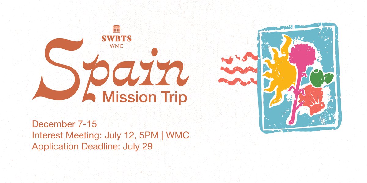 SWBTSwmc's tweet image. Join IMB missionaries and get to use your gifts to do evangelism, workshops, play music and do Christmas oriented outreach. Up to 20 spots available
Click Here for more information: swbts.edu/events/spain-m…