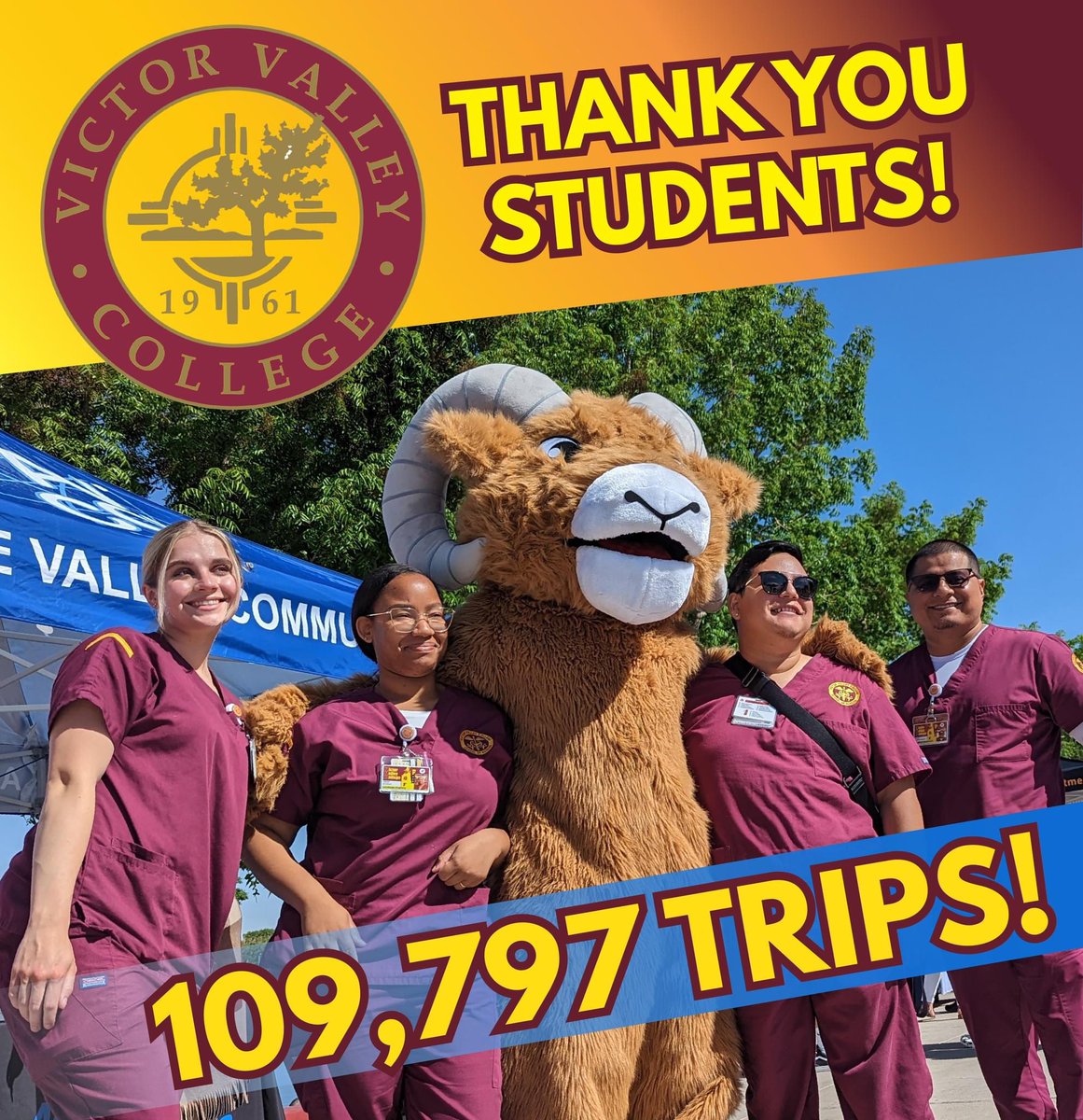 Thank you Students of  Victor Valley College!
The 2023-2024 school year saw Victor Valley Transit offer a whopping 109,797 Fare Free rides to Victor Valley College students! 

Thank you for taking advantage of convenient education opportunities by riding with VVTA!
<a href="/vvcedu/">VVC</a> @SBCTA