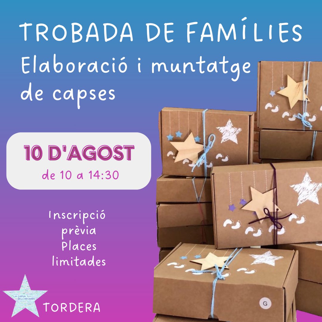 Aquest proper 10 d'agost tornarem a fer la tradicional trobada de famílies per a muntar capsetes. 
La trobada d'enguany serà a les 10 del matí a la seu de l'associació. Preguem inscriure-us ja que les places son limitades. Allargarem fins a les 14:30h.