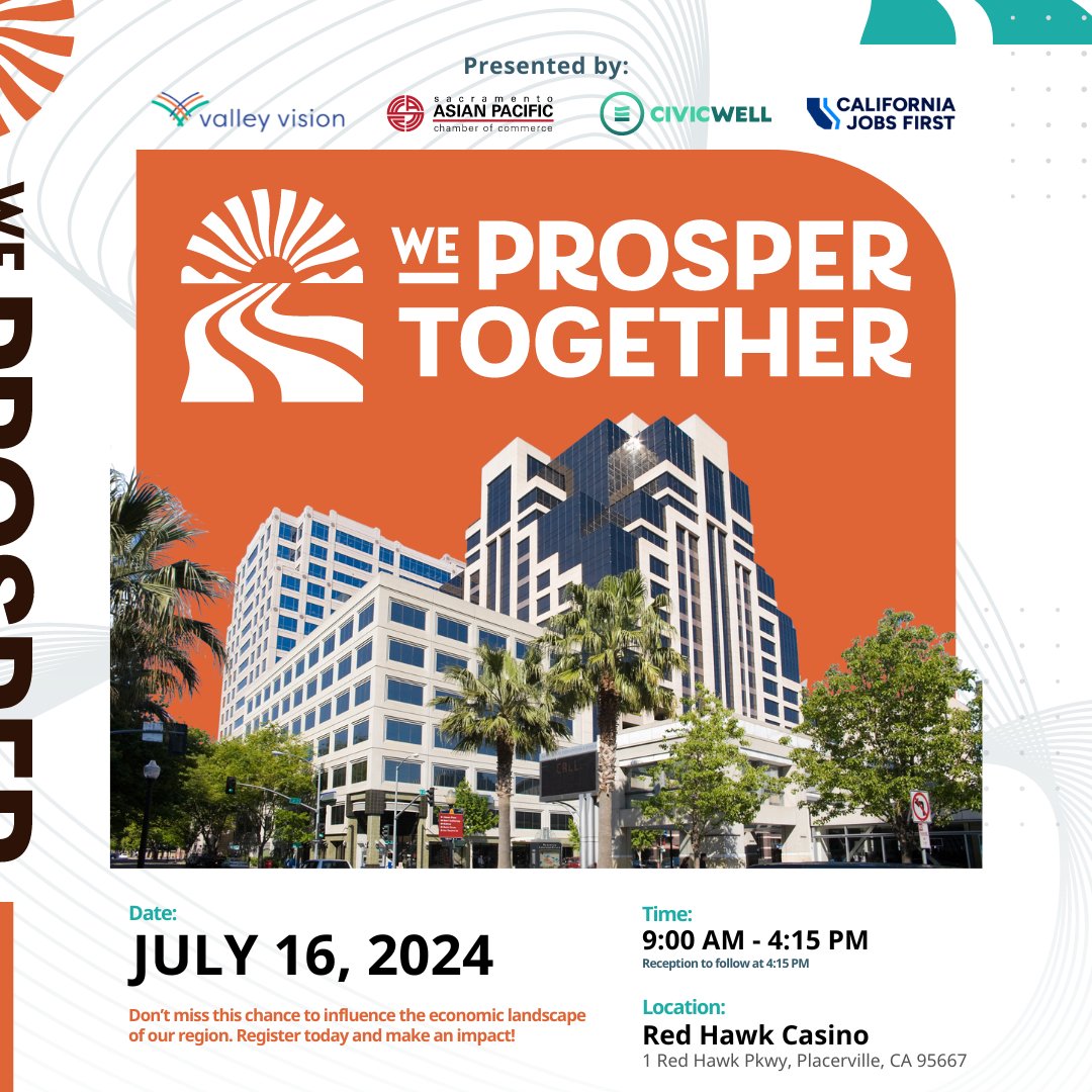 Join us for a transformative full-day event where business leaders, entrepreneurs, and community stakeholders come together!

📅 Date: July 16, 2024
🕘 Time: 9:00 am - 4:00 pm
📍 Location: Red Hawk Casino, Placerville, CA
🔗 Registration link: eventbrite.com/e/we-prosper-t…