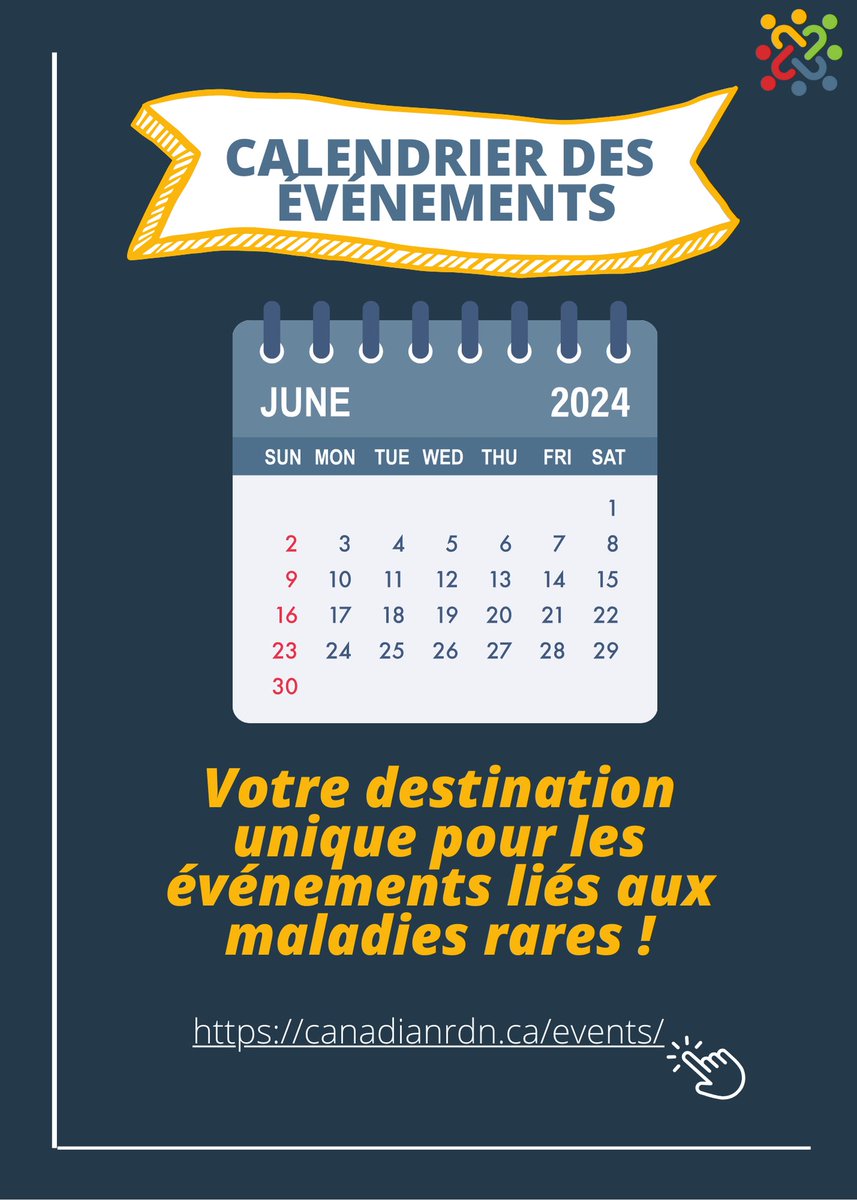 🚨 Attention à la communauté #MaladiesRares!🚨 
Nous sommes ravis d'annoncer le lancement du calendrier des événements liés aux maladies rares!

Cette ressource unique présente des webinaires, des conférences et des ateliers.

 Consultez-le ici: canadianrdn.ca/events/
