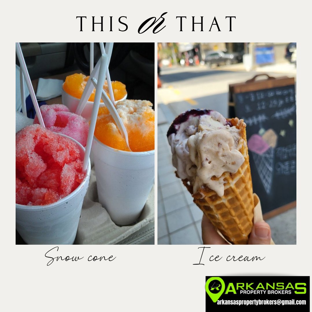 ArkPropBrokers's tweet photo. 🍧🍦 This or That Thursday: Summer Sweet Treats Edition! 🍦🍧
Which cool delight do you crave on a hot summer day? Comment your favorite below! 👇
1️⃣ Snowcones 🍧
2️⃣ Ice Cream 🍦
Let the battle of the sweet treats begin! Happy Thursday, everyone! 🌞✨

#ThisOrThatThursday #apb https://t.co/PTHGWcZzYN