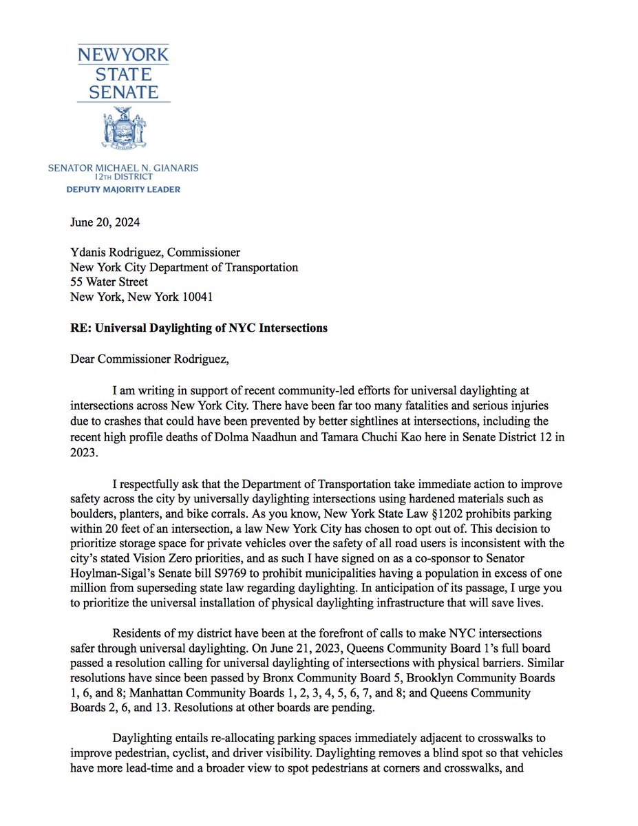 SenGianaris's tweet image. Daylighting saves lives. Nowhere is that clearer than in Astoria, where we lost two neighbors - one a young child - to preventable crashes last year. I'm asking @nyc_dot to accelerate plans for universal daylighting as @bradhoylman and I work to close NYC's daylighting loophole
