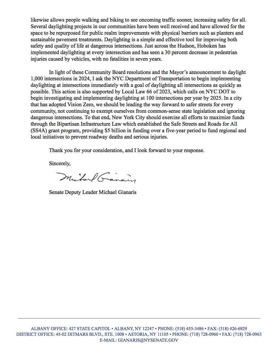 SenGianaris's tweet image. Daylighting saves lives. Nowhere is that clearer than in Astoria, where we lost two neighbors - one a young child - to preventable crashes last year. I'm asking @nyc_dot to accelerate plans for universal daylighting as @bradhoylman and I work to close NYC's daylighting loophole
