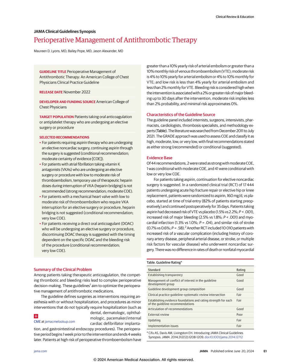 JAMA Clinical Guidelines Synopsis summarizes the <a href="/accpchest/">CHEST</a> 2022 guideline on perioperative management of patients taking oral anticoagulation or antiplatelet therapy who are undergoing an elective surgery or procedure. ja.ma/4cmboPy